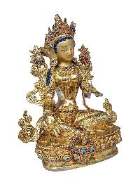 [green Tara], Buddhist Handmade Statue, [face Painted], [gold Plated] And [stone Setting]