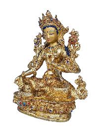 [green Tara], Buddhist Handmade Statue, [face Painted], [gold Plated] And [stone Setting]