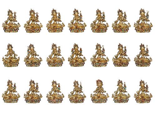 [21 Tara Set], Buddhist Handmade Statue, [face Painted], [gold Plated] And [stone Setting]
