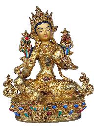 [21 Tara Set], Buddhist Handmade Statue, [face Painted], [gold Plated] And [stone Setting]