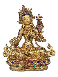 [21 Tara Set], Buddhist Handmade Statue, [face Painted], [gold Plated] And [stone Setting]