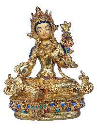 [21 Tara Set], Buddhist Handmade Statue, [face Painted], [gold Plated] And [stone Setting]