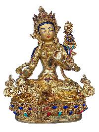 [21 Tara Set], Buddhist Handmade Statue, [face Painted], [gold Plated] And [stone Setting]