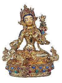 [21 Tara Set], Buddhist Handmade Statue, [face Painted], [gold Plated] And [stone Setting]