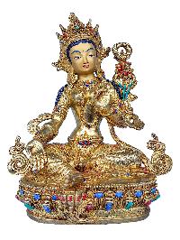 [21 Tara Set], Buddhist Handmade Statue, [face Painted], [gold Plated] And [stone Setting]