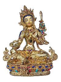 [21 Tara Set], Buddhist Handmade Statue, [face Painted], [gold Plated] And [stone Setting]