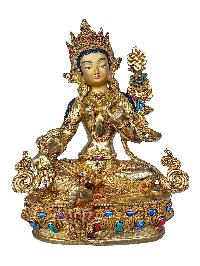 [21 Tara Set], Buddhist Handmade Statue, [face Painted], [gold Plated] And [stone Setting]