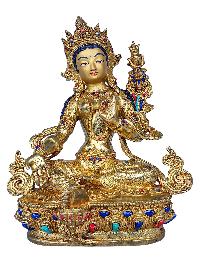 [21 Tara Set], Buddhist Handmade Statue, [face Painted], [gold Plated] And [stone Setting]