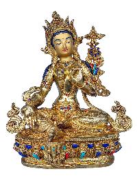 [21 Tara Set], Buddhist Handmade Statue, [face Painted], [gold Plated] And [stone Setting]