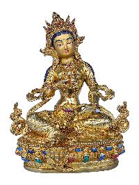 [21 Tara Set], Buddhist Handmade Statue, [face Painted], [gold Plated] And [stone Setting]