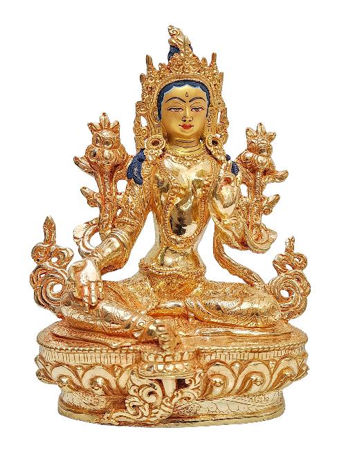 [green Tara], Buddhist Handmade Statue, [face Painted] And [gold Plated]