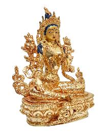 [green Tara], Buddhist Handmade Statue, [face Painted] And [gold Plated]