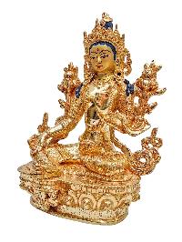 [green Tara], Buddhist Handmade Statue, [face Painted] And [gold Plated]