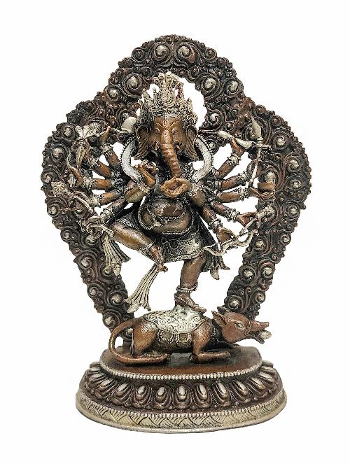 [ganesh], Buddhist Handmade Statue, [silver Plated], With [painted Face], [chocolate Oxidized]