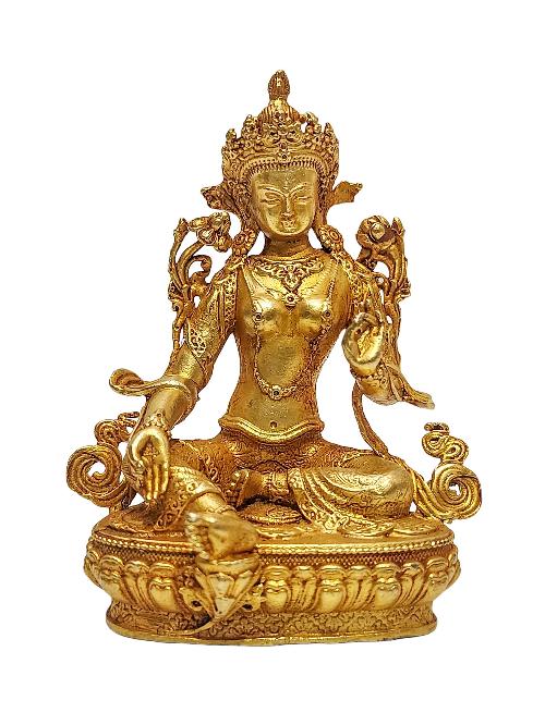 Buddhist Miniature Statue Of Green Tara, [gold Plated]