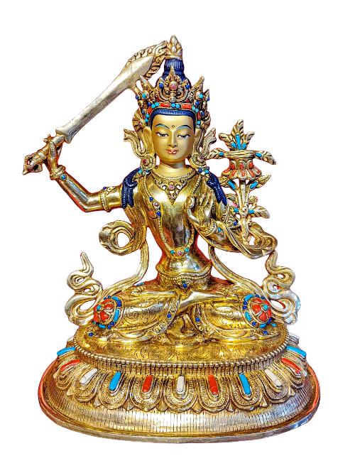 [manjushri], Buddhist Handmade Statue, [face Painted], [gold Plated] And [stone Setting]