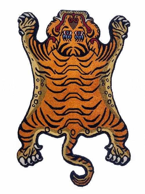 Handwoven Tiger Design Rug From Nepal, Orange Color, Small Size