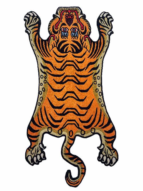 Handwoven Tiger Design Rug From Nepal, Orange Color, Medium Size