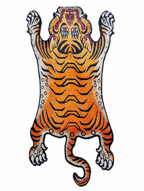 Handwoven Tiger Design Rug From Nepal, Orange Color, Medium Size