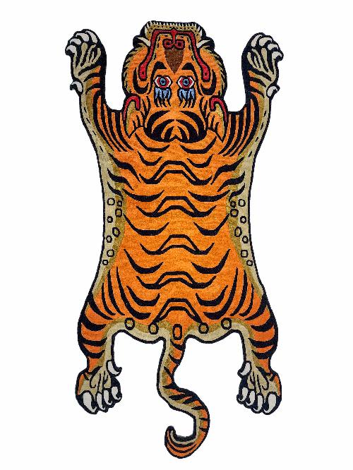Handwoven Tiger Design Rug From Nepal, Orange Color, Large Size