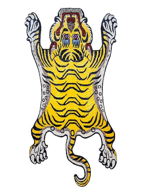 Handwoven Tiger Design Rug From Nepal, Yellow Color, Large Size