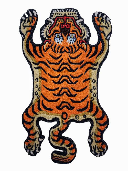 Handwoven Tiger Design Rug From Nepal, Orange Color, Baby Size