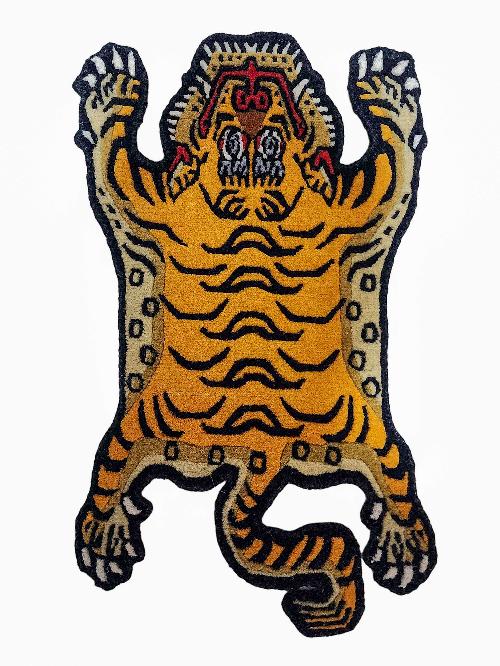Handwoven Tiger Design Rug From Nepal, Orange Color, Baby Size