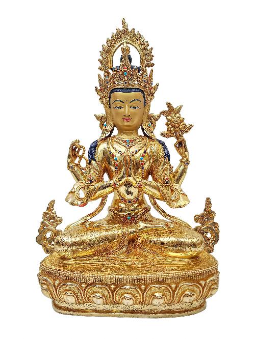 [chenrezig], Buddhist Handmade Statue, [face Painted], [stone Setting] And [gold Plated]