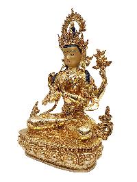 [chenrezig], Buddhist Handmade Statue, [face Painted], [stone Setting] And [gold Plated]