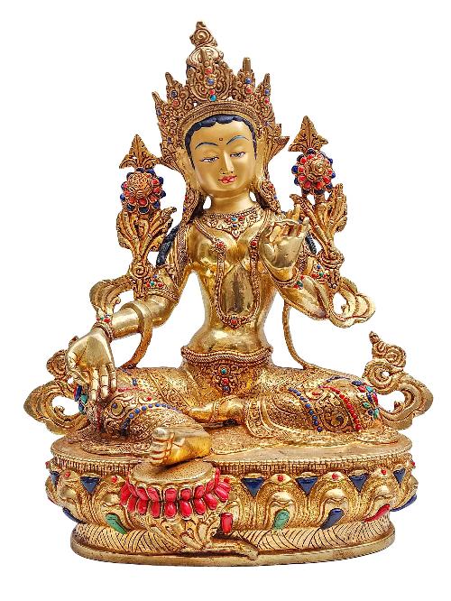 [green Tara], Buddhist Handmade Statue, [face Painted], [stone Setting] And [gold Plated]