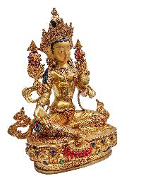 [green Tara], Buddhist Handmade Statue, [face Painted], [stone Setting] And [gold Plated]