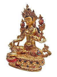 [green Tara], Buddhist Handmade Statue, [face Painted], [stone Setting] And [gold Plated]