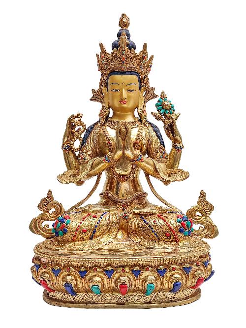[chenrezig], Buddhist Handmade Statue, [face Painted], [stone Setting] And [gold Plated]