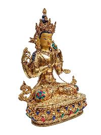 [chenrezig], Buddhist Handmade Statue, [face Painted], [stone Setting] And [gold Plated]
