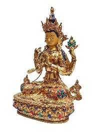 [chenrezig], Buddhist Handmade Statue, [face Painted], [stone Setting] And [gold Plated]