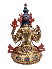 [chenrezig], Buddhist Handmade Statue, [face Painted], [stone Setting] And [gold Plated]