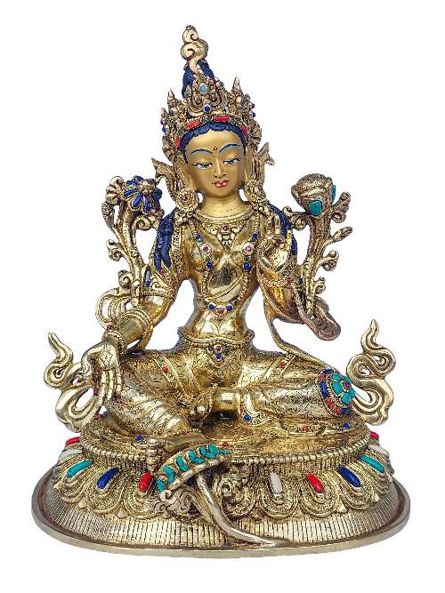 [green Tara], Buddhist Handmade Statue, [face Painted], [stone Setting] And [gold Plated]