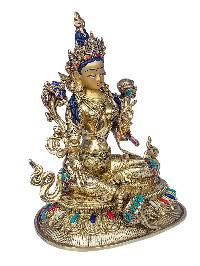 [green Tara], Buddhist Handmade Statue, [face Painted], [stone Setting] And [gold Plated]