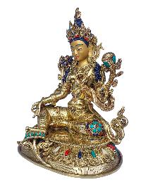 [green Tara], Buddhist Handmade Statue, [face Painted], [stone Setting] And [gold Plated]