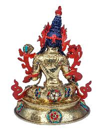 [green Tara], Buddhist Handmade Statue, [face Painted], [stone Setting] And [gold Plated]