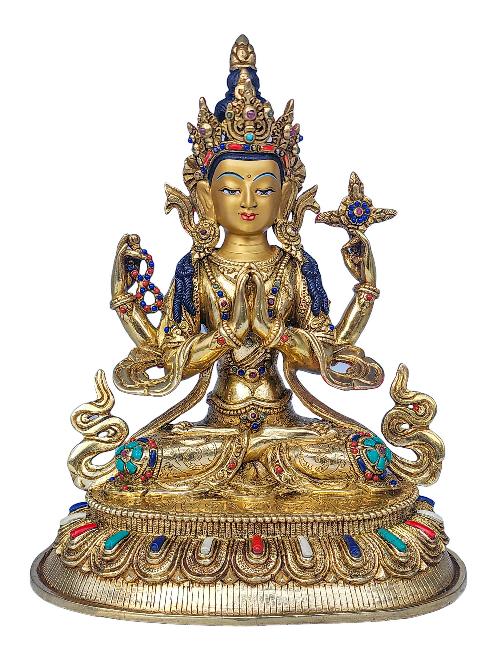[chenrezig], Buddhist Handmade Statue, [face Painted], [stone Setting] And [gold Plated]