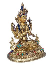 [chenrezig], Buddhist Handmade Statue, [face Painted], [stone Setting] And [gold Plated]