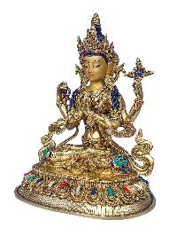 [chenrezig], Buddhist Handmade Statue, [face Painted], [stone Setting] And [gold Plated]