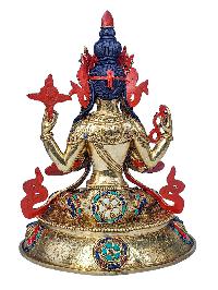[chenrezig], Buddhist Handmade Statue, [face Painted], [stone Setting] And [gold Plated]