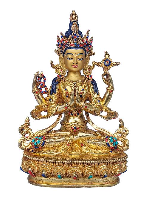 [chenrezig], Buddhist Handmade Statue, [face Painted], [stone Setting] And [gold Plated]
