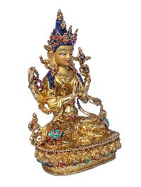 [chenrezig], Buddhist Handmade Statue, [face Painted], [stone Setting] And [gold Plated]