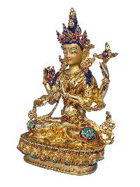 [chenrezig], Buddhist Handmade Statue, [face Painted], [stone Setting] And [gold Plated]