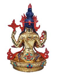 [chenrezig], Buddhist Handmade Statue, [face Painted], [stone Setting] And [gold Plated]