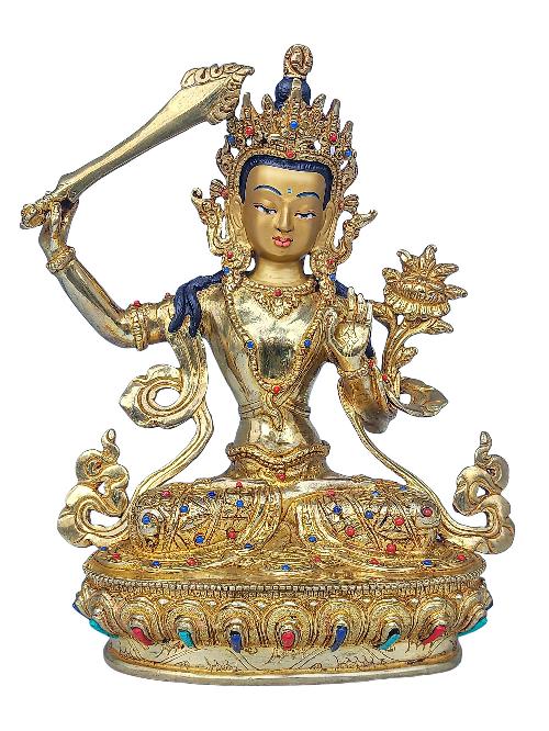 [manjushree], Buddhist Handmade Statue, [face Painted], [stone Setting] And [gold Plated]