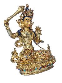 [manjushree], Buddhist Handmade Statue, [face Painted], [stone Setting] And [gold Plated]